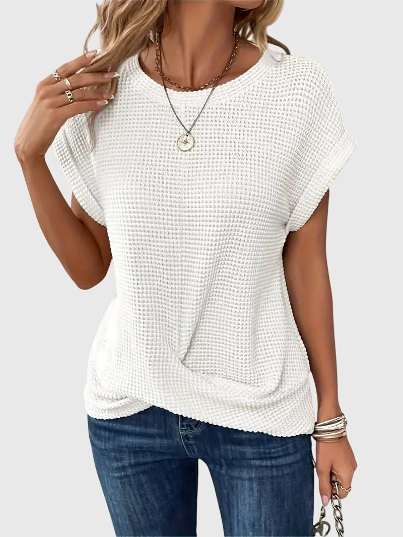 Pia | Vaffelstrik Bluse med Rund Hals