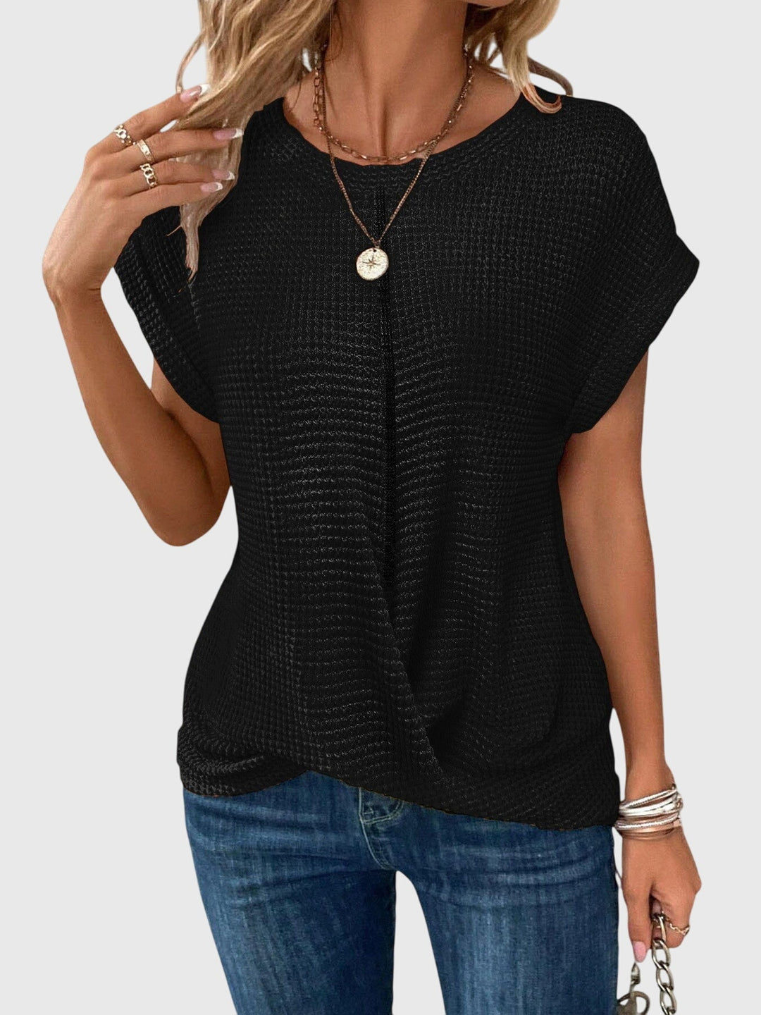 Pia | Vaffelstrik Bluse med Rund Hals