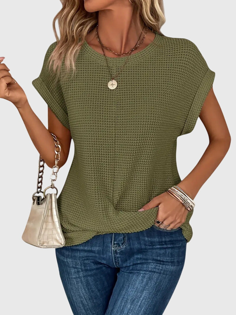 Pia | Vaffelstrik Bluse med Rund Hals