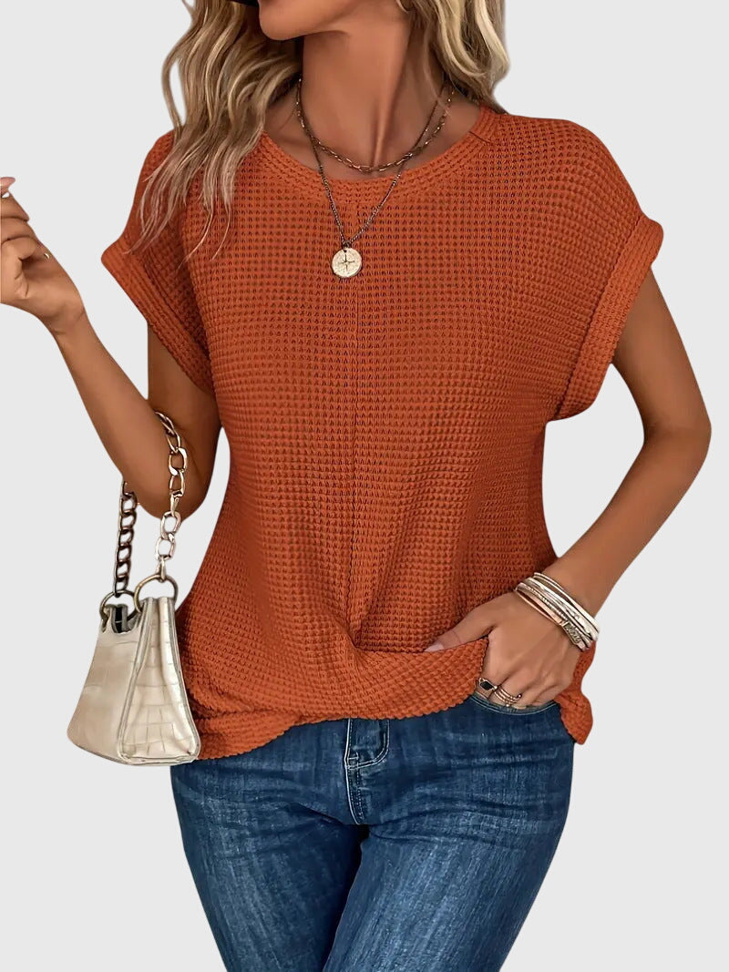 Pia | Vaffelstrik Bluse med Rund Hals